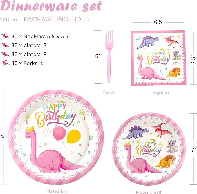 120 Pcs Pink Dinosaur Birthday Party Plates Napkins Girls Dinosaur Theme Birthday Party Tableware Disposable Paper Plates Napkins Party Decorations Supplies for 30 Guests