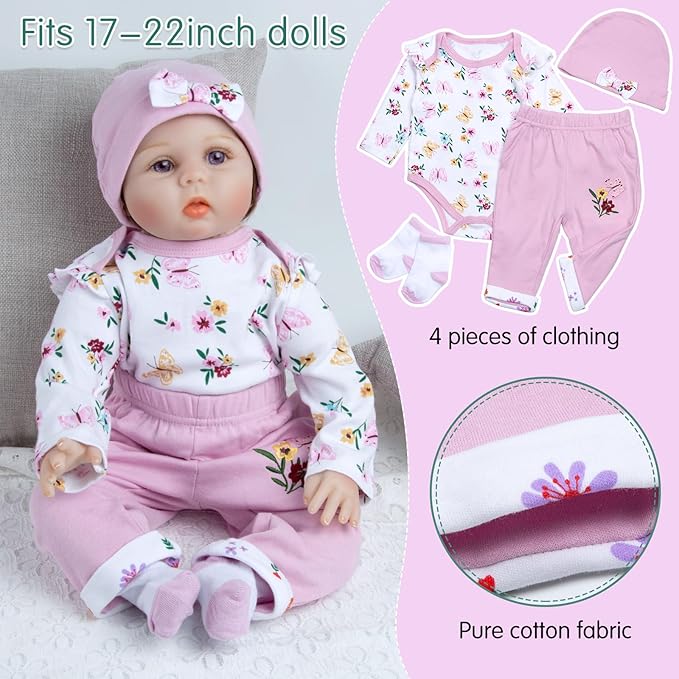 Reborn Baby Dolls Clothes Girl Purple Flower Outfit Accessories 12 Pcs for 17-22 Inches Reborn Doll Newborn Girl with Purple Unicorn Backpack