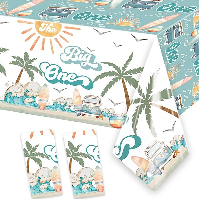 2 Pcs Surf 1st Birthday Party Supplies Boy Table Cloth 54in x 108in Surfing The Big One Tablecovers Summer Beach Theme Boys Surf First Birthday Table Decorations Table Cloth