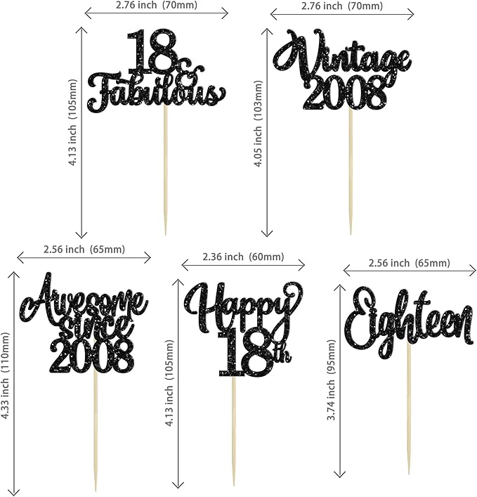 30Pcs Happy 18th Birthday Cupcake Toppers Glitter Eighteen Vintage 2008 Cupcake Picks Cheers to 18 Fabulous Cake Decorations for 18th Birthday Wedding Anniversary Party Supplies Black