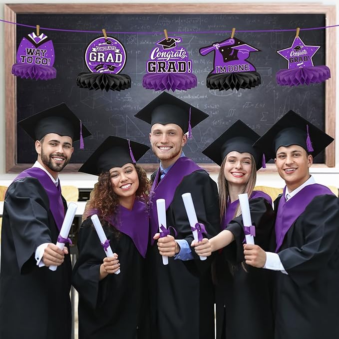9PCS Graduation Party Decorations Class of 2026 Congrats Grad Table Centerpiece Congratulate Graduation Honeycomb Table Toppers for Graduation Party Supplies(Pueple,Black）
