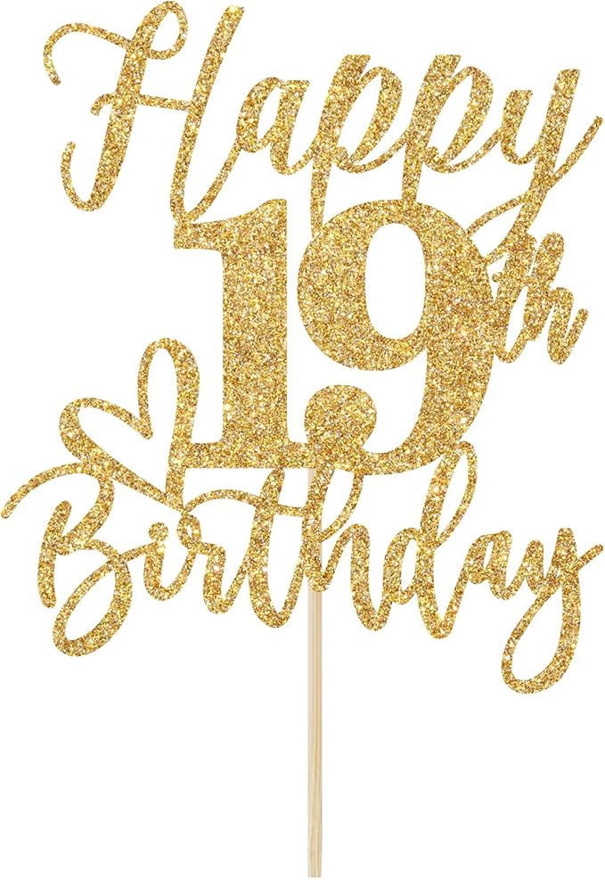 Gold Glitter Happy Birthday Cake Topper, Funny Happy Birthday Party Supplies (happy 19th birthday, Gold Glitter)