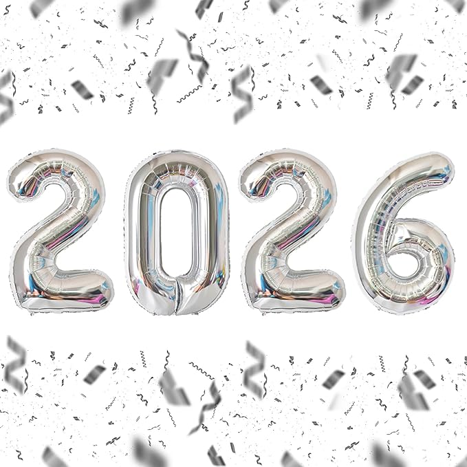 KALOR 32 Inch 2026 Silver Foil Number Balloons, 2026 New Years Decorations for 2026 Happy New Year Eve and Graduations Party Supplies