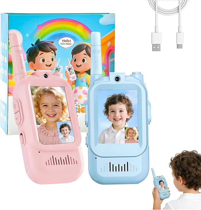 Video Walkie Talkies for Kids, 2 Pack Handheld Rechargeable Walkie Talkies-Christmas Birthday Gifts for Kid Age 3-12, Toddler Indoor Outdoor Toys- Family Games, Outside, Camping, Hiking Blue&Pink