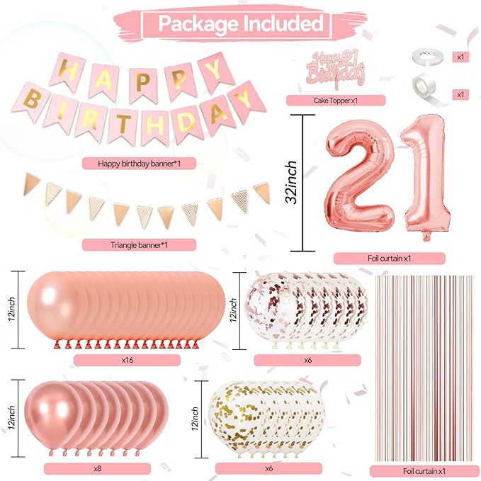 Rose Gold 21st Birthday Decorations, Happy Birthday Party Decorations With 21 Number Balloons Metallic Pearl Gold Rose Balloons Banner Fringe Curtain Cake Topper For Girl Women 21st Party Supplies