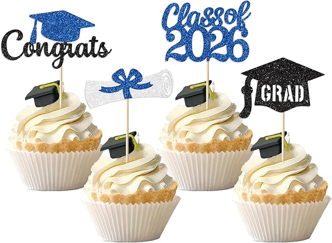 Blue Graduation Cupcake Toppers Decorations Class of 2026 Cupcake Topper Graduation Cup Cake Picks Congrats Grad Party Decor Supplies Set of 24