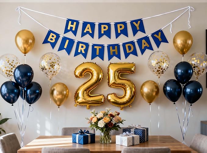 25th Birthday Party Decorations for Men Women, Navy Blue Happy Birthday Banner Gold 25th Foil Latex Metallic Confetti Balloons for Him Her 25 Years Old Birthday Party Supplies(25th)