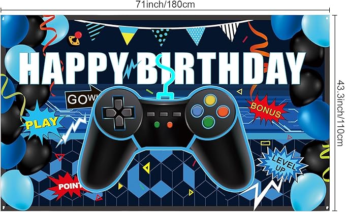 Skylety 34 Pieces Gamer Birthday Decorations Video Game Party Supplies Set Including Happy Birthday Gamer Backdrop, Table Covers, Multi-color Balloons and Foil Balloons for Game Party Decoration