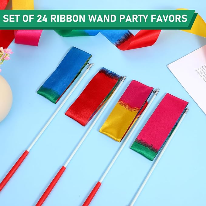 24 Pcs Ribbon Dancing Wands Bulk, 78.7 Inch Rainbow Streamers Party Favors Dance Rainbow Ribbon with Wand for Games, Artistic Gymnastics, Performance, Birthday Decor, Princess Party Supplies