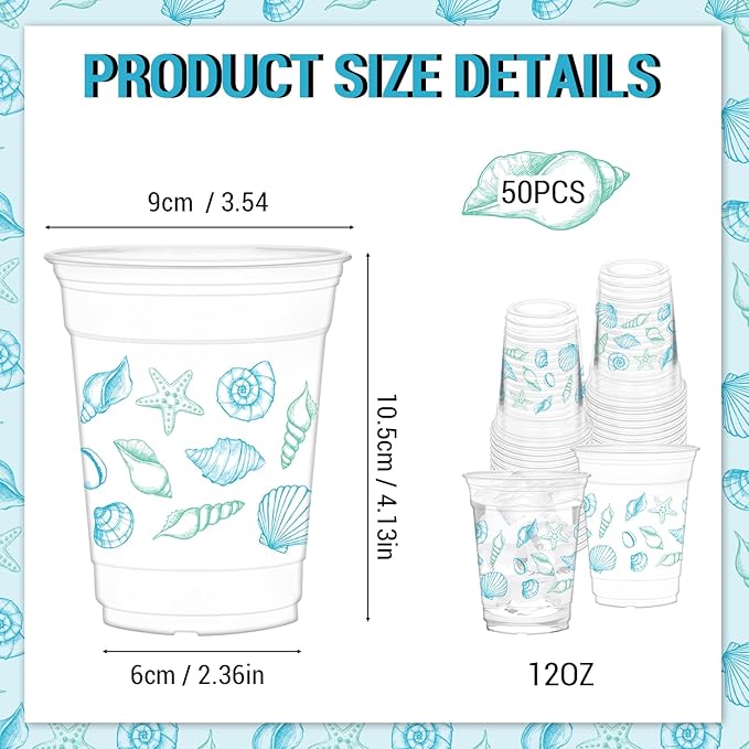 50Pcs Seashell Party Cups, 12oz Ocean Theme Plastic Cups for Wedding Decorations Ocean Under the Sea Summer Birthday Beach Party Supplies