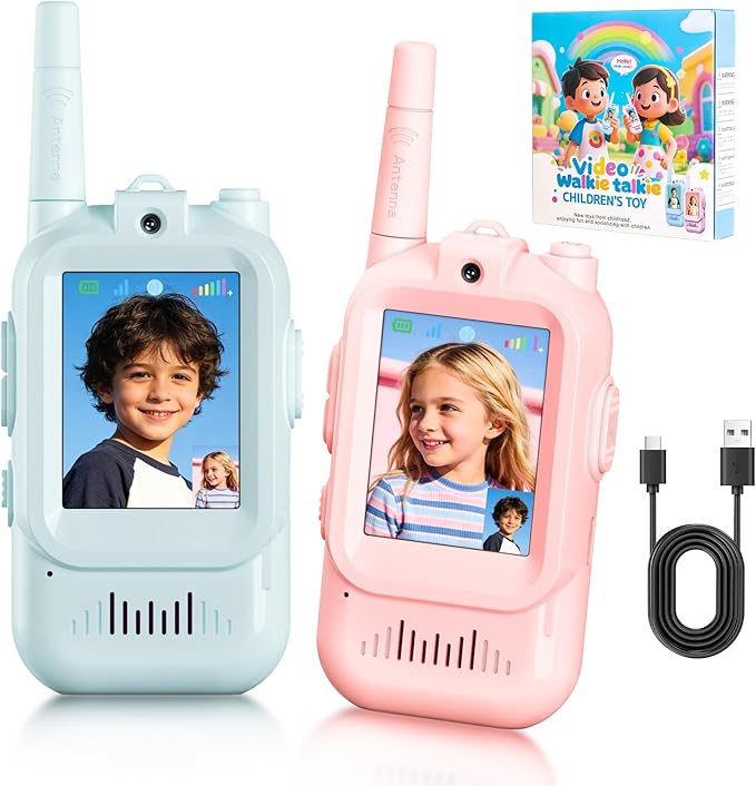 Video Walkie Talkies, Rechargeable Toddler Toys with HD Camera & 4 Switchable Voice, 1000FT Range for Christmas Birthday Gifts for Family Game, Camping for Boys Girls Ages 3-12 (Blue/Pink), 2 Pack