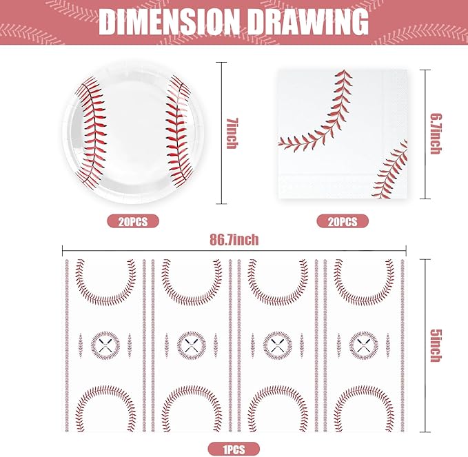 41pcs baseball Party Supplies ,include 20 Plates, 20 Napkin and 1pcs Tablecloth,Used for baseball Birthday Party Decoration (White baseball FFF)