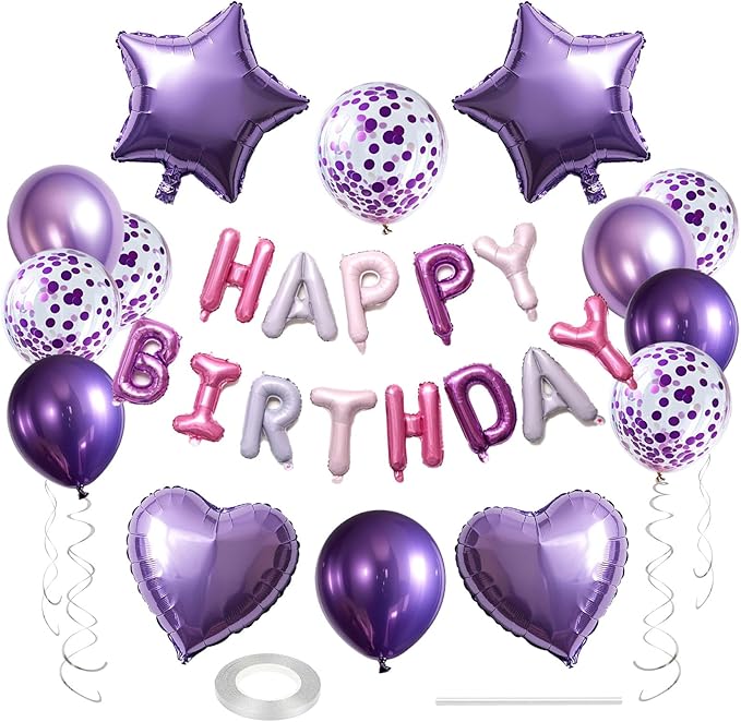 27 Pcs Purple Birthday Decorations, 3D Letters Purple Happy Birthday Balloon Banner, Pentagram Heart Foil Balloons Confetti Balloons Kit For Boys Girls Party Supplies