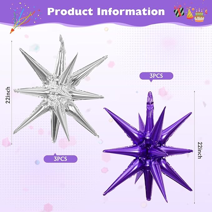6 Pcs Silver Star Foil Balloons One-Piece 14-Pointed Star Balloon 4D Starburst Cone Mylar Balloon 22inch Christmas Birthday Wedding Wedding Anniversary Party Supplies (Silver + Purple)