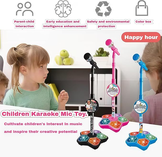 Microphone with Stand, Built-in Music, Colorful Lights, Echo Effects, Portable Karaoke Machine for Singing, Music Play, Fun and Easy-to-Use, Gifts for Musical Lover (1-Pink)