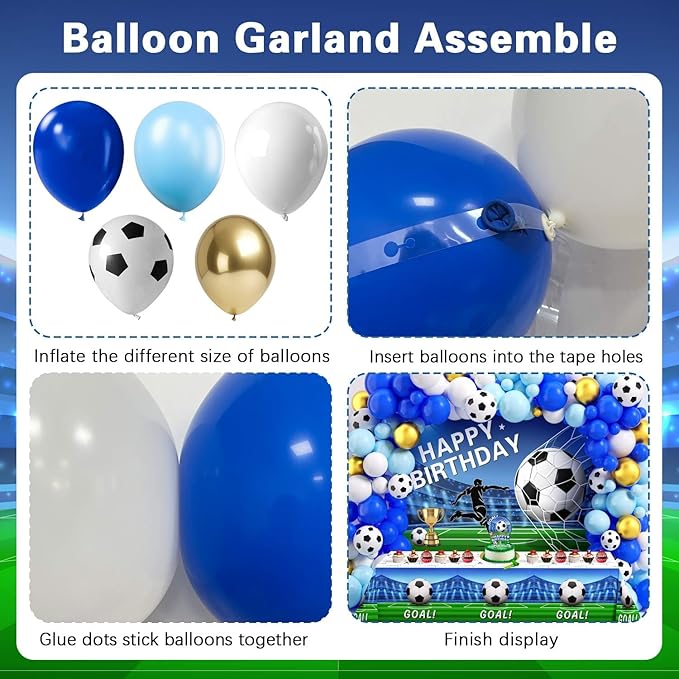 Soccer Birthday Party Decorations 116Ppcs 16Ft Blue Balloons Arch Kit Backdrop Cake Topper Tablecloth for Men Boys Soccer Theme Birthday Party Supplies