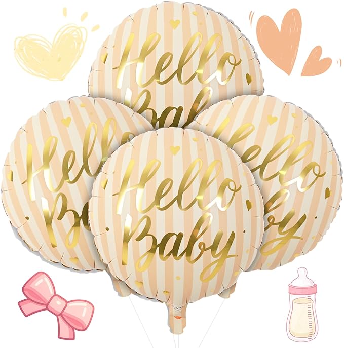 18" Hello Baby Foil Balloons for Welcome Baby Party Decorations, 4pcs Light Pastel Orange Cream Mylar Balloons, Peach Beige Gold Balloon for Gender Neutral Baby Shower Sip and See Party Decor Supplies