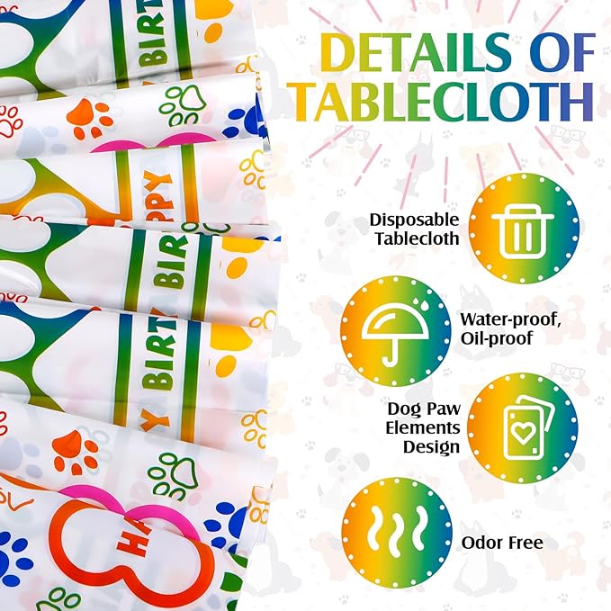 Newwiee 3 Pcs Paw Print Tablecloth Plastic Disposable Colorful Table Cover Puppy Dog Table Cloth Paw Print Party Supplies for Dog Pet Themed Party Decorations Supplies Favors, 51 x 108'' (Colorful)