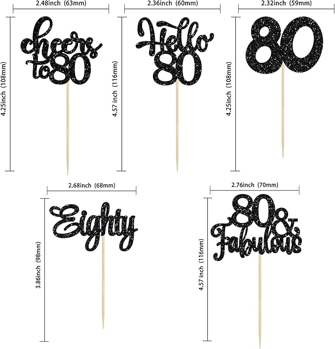 30pcs Happy 80th Birthday Cupcake Toppers - Eighty Cheers to 80 Years Old - Black Glitter