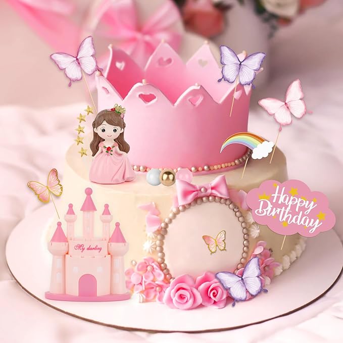 Hooqict 33PCS Princess Cake Decorations Set with Butterflies, Balls, Castle Cake Toppers & Cupcake Toppers for Girls Princess Birthday Party Decorations Tea Party Supplies