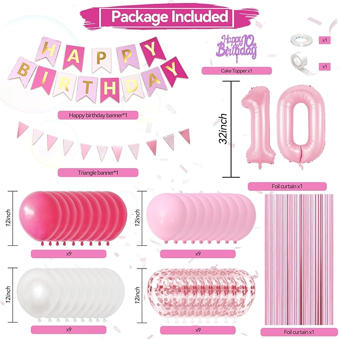 10th Birthday Decorations Pink, Happy 10th Birthday Party Decorations With Number 10 Balloons Pink Confetti Hot Pink Balloons Fringe Curtain Banner Cake Topper For Girl 10th Party Supplies