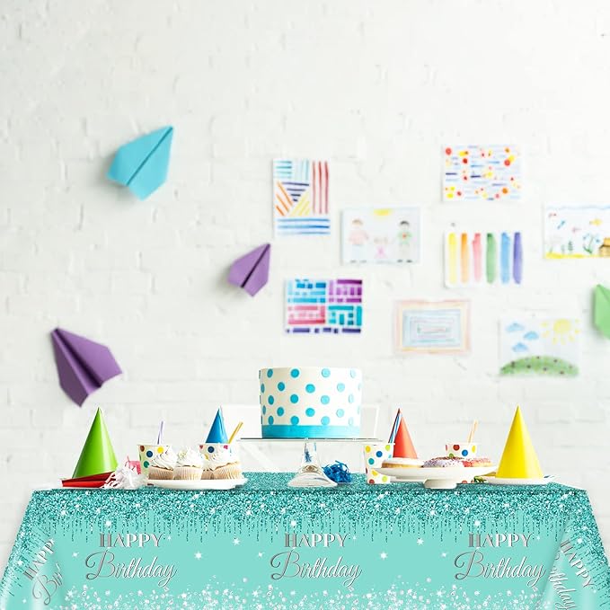3 Pieces Teal and Silver Birthday Tablecloths for Happy Birthday Party Decorations Plastic Disposable Breakfast Blue Theme Table Covers for Girls Women Silver GlitterParty Supplies, 54 x 108 Inches
