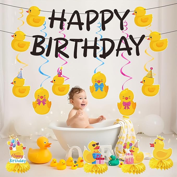 Duck Birthday Party Decorations - 18PCS Duck Party Decorations with Banner Hanging Swirls Centerpieces for Tables Duck Happy Birthday Decorations for Duck Themed Baby Shower Party Supplies