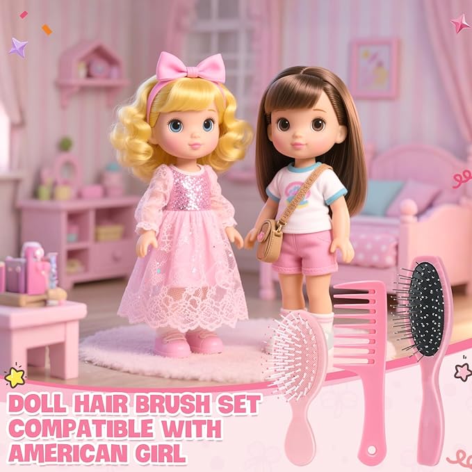 3 Pieces Doll Wig Brush Set with Wide-Tooth Comb, Steel Needle Brush and Nylon Brush, Styling Accessories for 18 Inch Dolls (Light Pink)