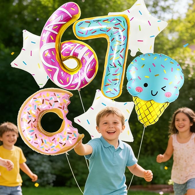 6 7 Birthday Decorations Foil Balloon Set, 6 7 Balloons, 7 Pcs Six Seven Donut & Ice Cream Balloons, Six Seven Birthday Party Décor, 6 7 Meme Theme Party Supplies