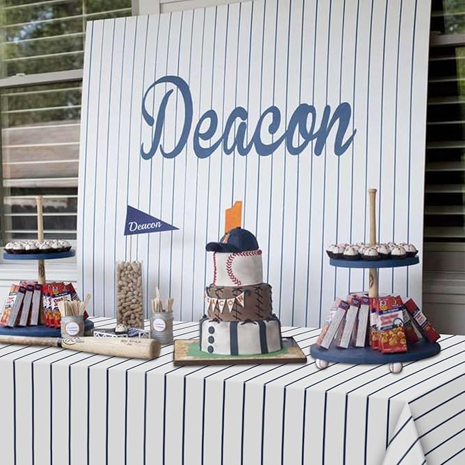 4 Pack Plastic Baseball Tablecloths, 51 x 86 Inches Rectangle Stripe Party Decorations for Game Day Baseball Theme Party Supplies