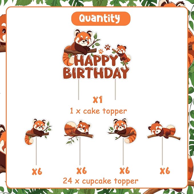 25PCS Red Panda Birthday Party Decorations Cute Panda Cake Toppers Panda and Bamboo Theme Decorations Red Pandas Cupcake Toppers for Boys Girls Animal Theme Decors Baby Shower Birthday Party Supplies