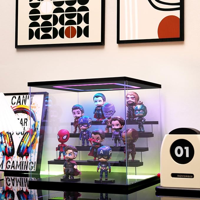 Clear Acrylic Display Case with Light , 5 Tier Multiple Color Lights Display Box Stand Assembly Dustproof Protection Showcase for Collectibles Action Figures (Black 12.6×12.2×11.8in)