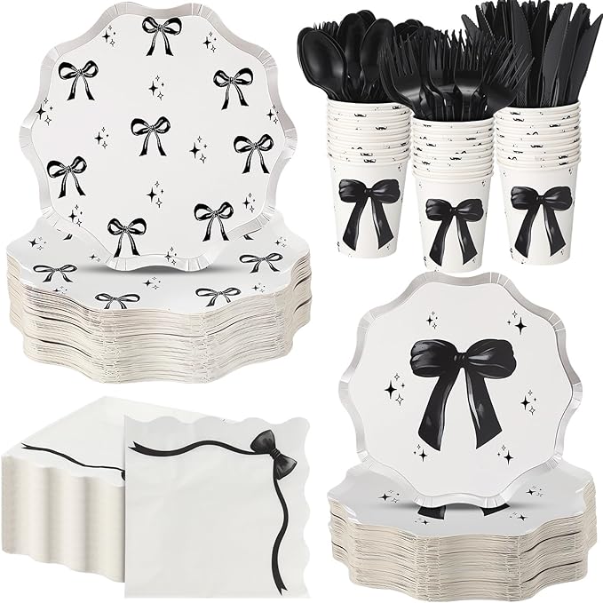 350 Pcs Bow Black Party Supplies Tableware Set Disposable 9'' 7'' Paper Plates 9 oz Cups Cutlery Napkins Dinnerware Set for 1st Birthday, Serve 50 (Bow, Black)