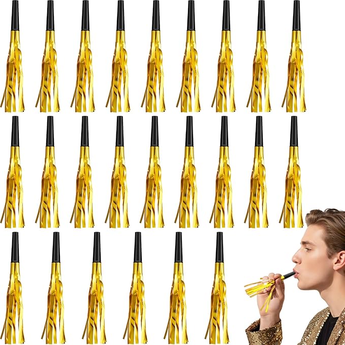 Sumind 48 Pcs Gold Noise Makers Glitter Noise Makers Metallic Fringed Party Blowers for Adults Birthday Graduation Sporting Events 2026 New Years Party Favor Supplies