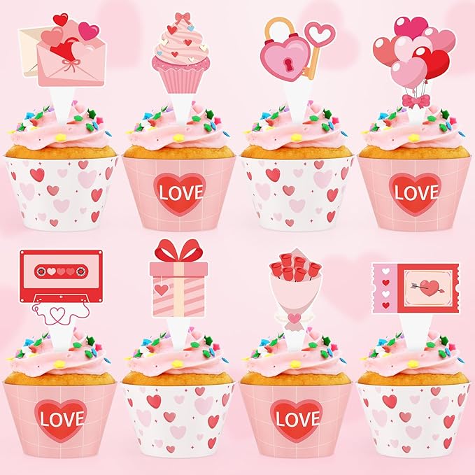 48 Pcs Valentines Cupcake Toppers and Heart Wrappers Love Cupcake Decorations for Valentine's Day Theme Wedding Birthday Party Supplies