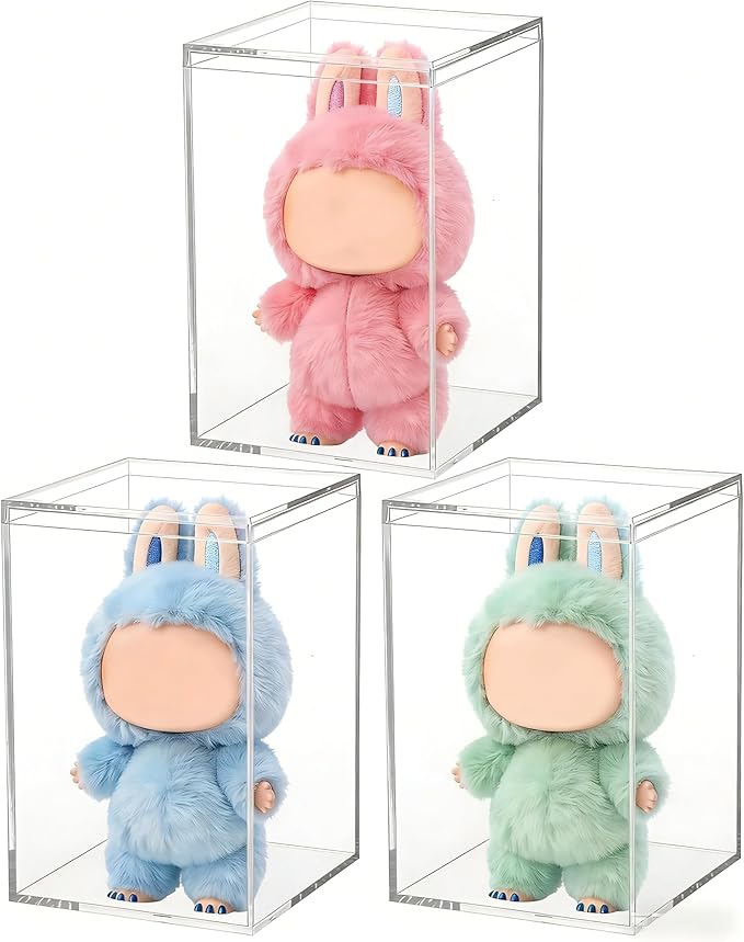 3 Pack Clear Plastic Stackable Display Case with Lid Display Case Compatible with Labubu POP MART Acrylic Clear Display Box Shelf Figure Display Case for Plush Collectibles Figurines