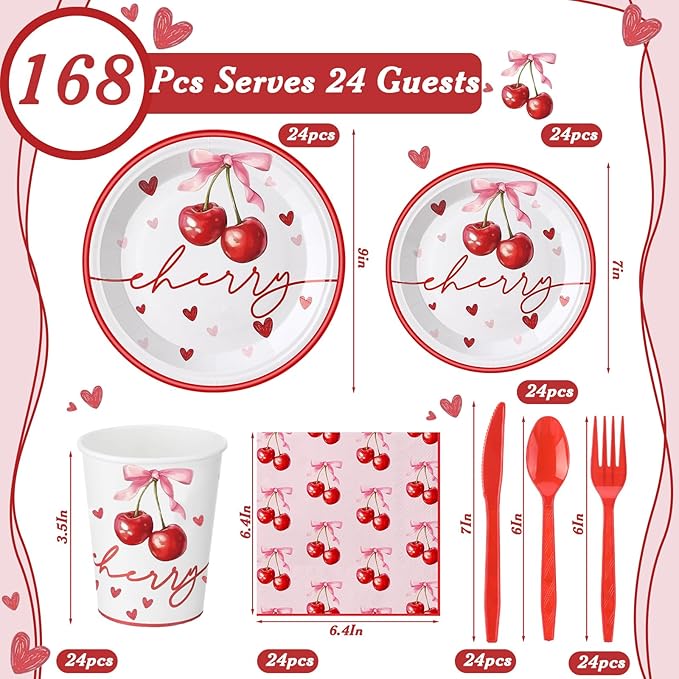 168 Pcs She's Ready to Pop Cherry Bow Baby Shower Decorations Cherry Paper Plates and Napkins Coquette Party Supply Galentine's Valentine's Day Birthday Tableware for 24 Guests Bridal Wedding
