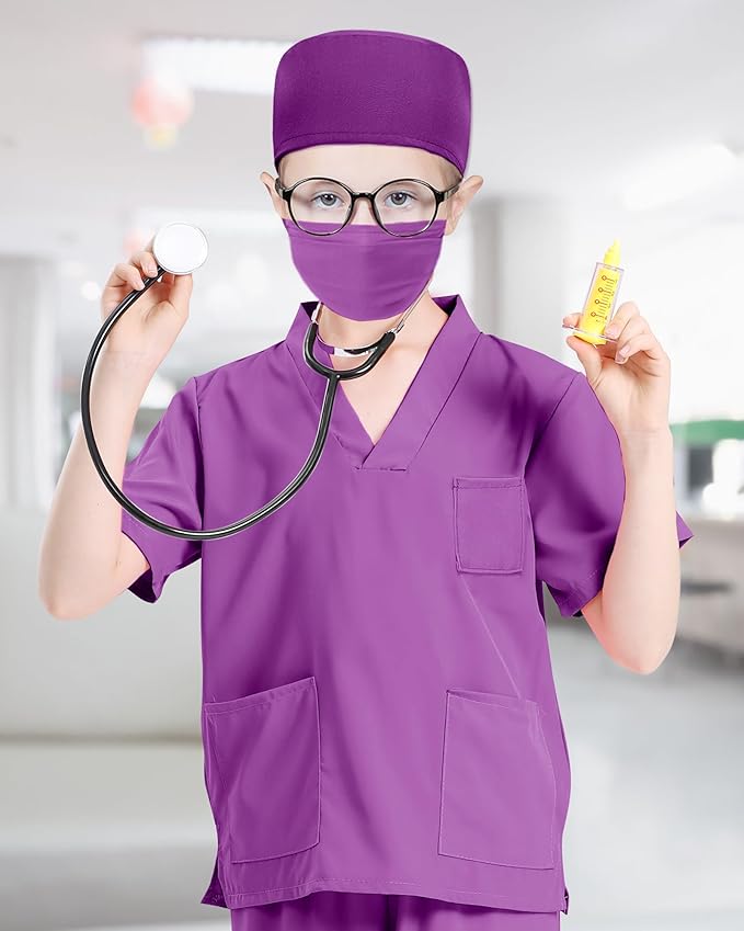ICECUTE Doctor Costume for Kids Scrubs with Accessories,7Pcs Toddler Halloween Costume for Boy Girls,3-11 Years
