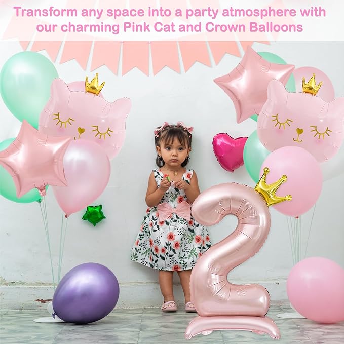 Pink Cat Balloon Set, Crown Cat Foil Balloon, 2 Year Old Girl Birthday Party Decoration, Cat Theme Decoration, Theme Party Supplies for Girls Kitten (2)