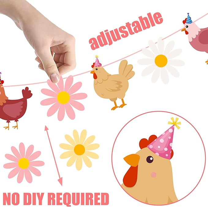 Chicken and Daisy Banners Chicken Birthday Party Decorations 2PCS Chick Hen Boho Flower Cutout Banner Farm Theme Decor for The Chick is One Birthday Party Supplies