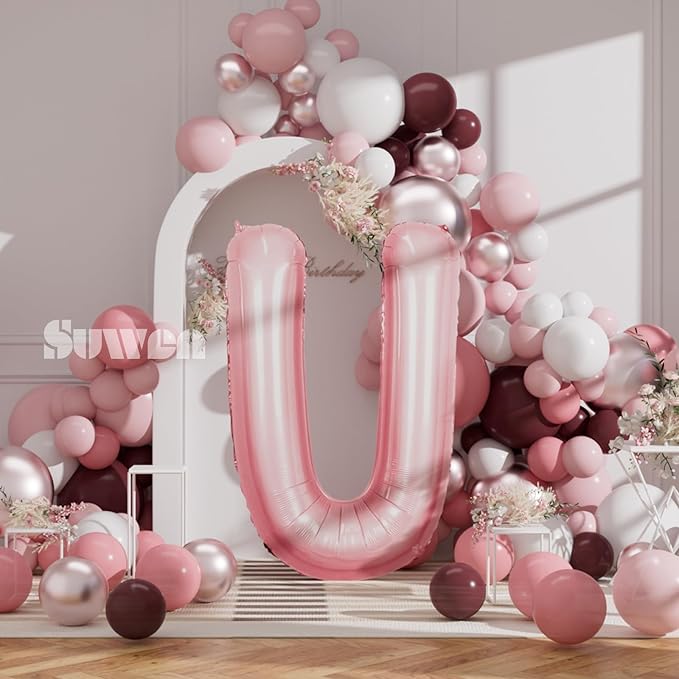 SUWEN 40 Inch Pink Large U Letter Balloons Big Foil Helium Letter Balloons A-Z Jumbo Mylar Happy Birthday Party Decorations for Girl Anniversary Party Supplies