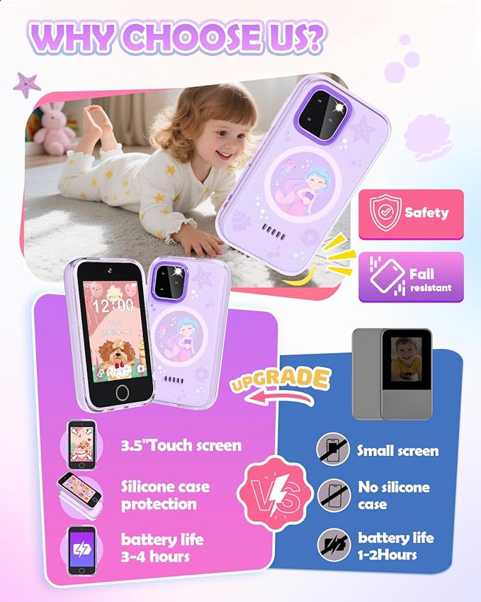 Kids Phone Toys for 3-12 Years Old Girls ,3.5'' Touchscreen Phone for Kids Learning Play Toy with Dual Camera,Video Players,Game,Christmas Birthday Gifts for Girls Age 3 4 5 6 7 8 9