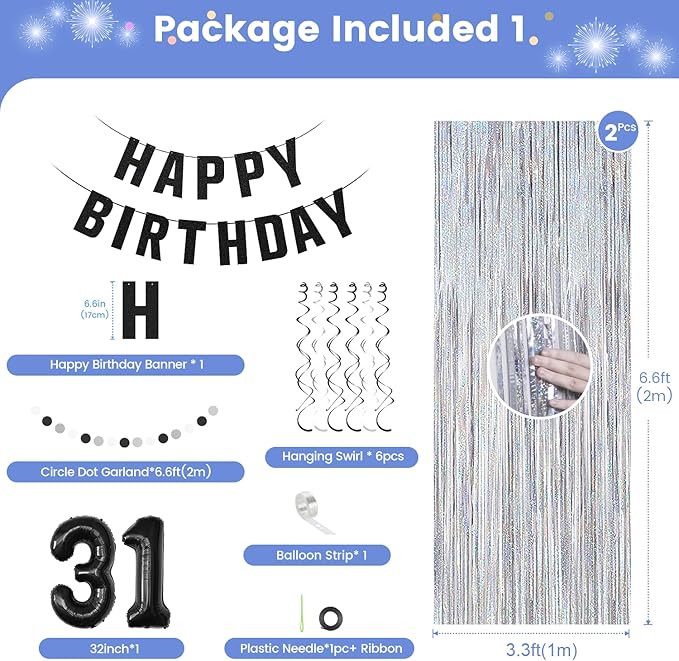 31th Birthday Decorations for Men Women- Black Silver Happy 31th Birthday Party Decor With Banner Backdrop,Number 31 Foil Balloon -Black White Balloons Garland Arch Kit for 31 Years Old