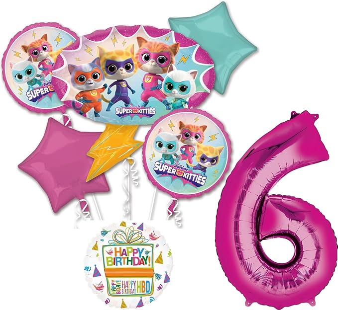 Anagram SuperKitties 6th Birthday Party Supplies 7pc Balloon Bouquet Decorations
