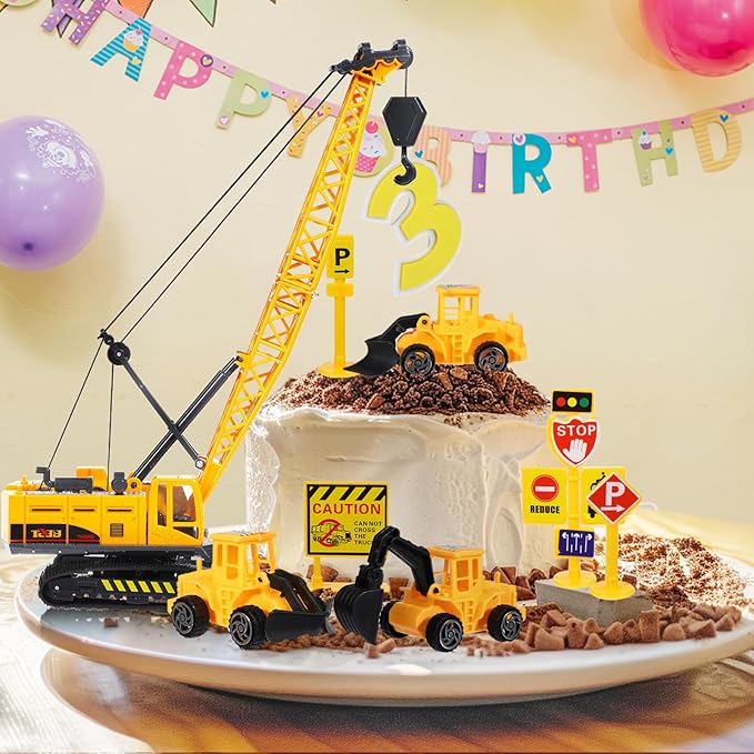 RAYNAG 16 Pieces Construction Cake Topper Construction Birthday Party Supplies Vehicles Cake Decorations with Large Crane, Traffic Road Sign, Excavator