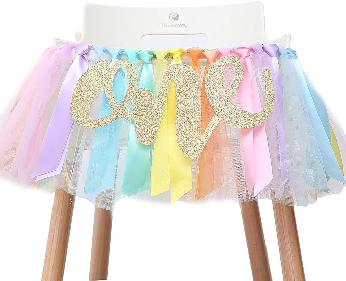 Pastel Rainbow High Chair Banner for 1st Birthday - Party Supplies with Tutu Skirt and Pennant