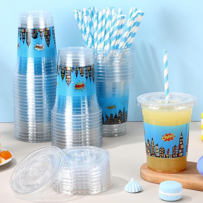 Yungyan 50 Sets Blue Hero Theme Party Plastic Cups with Lids and Straws 16 oz Coffee Juice Drinking Cups for Birthday Baby Shower Party Supplies