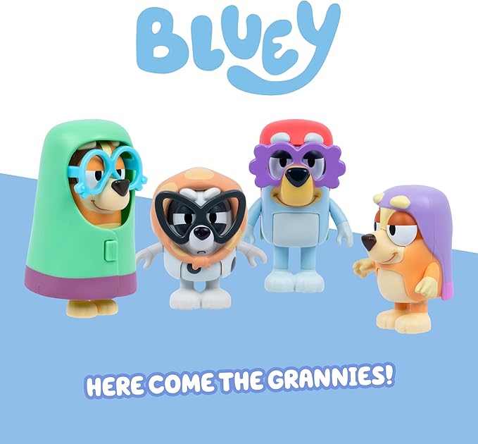Bluey Figure 4-Pack Here Come The Grannies. 4 Episode-Themed Figures with Moving Arms & Accessories, 2.5-3" (6-7.6 cm) Poseable Toys for Kids. Recreate Moments from The Episode Grannies.