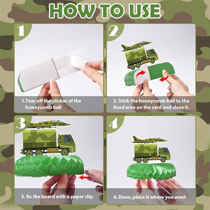 Army Birthday Party Decorations Include Happy Birthday Banners Camo Bunting Banners Hanging Swirls Honeycomb Centerpieces Military Birthday Theme Party Supplies