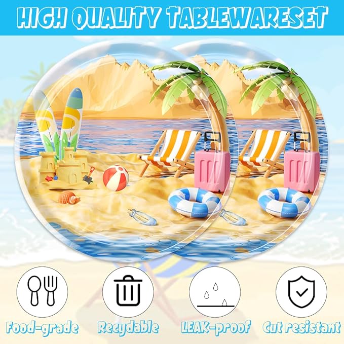 41pcs Summer Beach Party Supplies ,include 20pcs Dessert Plates, 20pcs Napkin and 1pcs Tablecloth,Used for Summer Beach Birthday Party Decoration